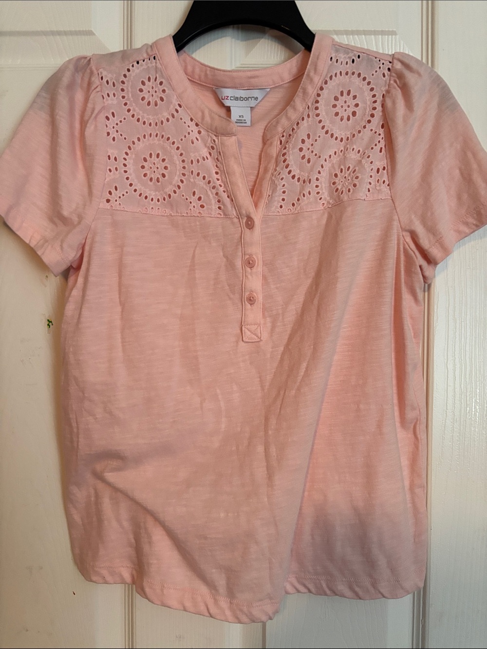 Liz Claiborne Soft Pink Eyelet Henley Tee